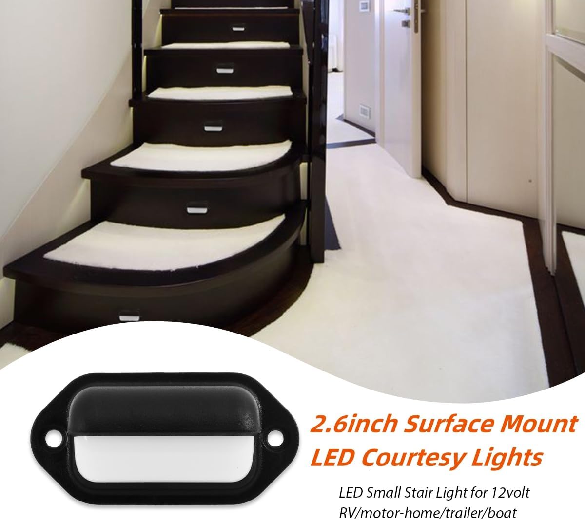 Dream lighting 12V RV Marine Boat Interior Lights LED Courtesy Step Stair Deck Light Trailer License Plate Light, Surface Mount Fixture 0.1watt Warm White Lighting Oval Black Shell 2.6inch, Pack of 6
