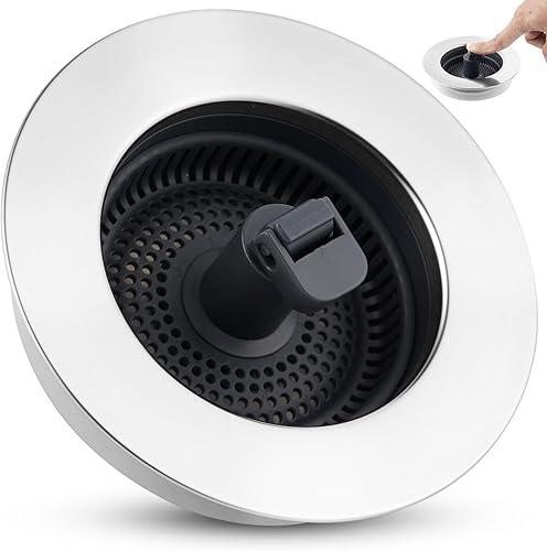Miniatura 11 de Combo Universal 3 en 1 de Colador y Tapón de Drenaje para Fregadero de Cocina, Carcasa de Acero Inoxidable Negro con Tapón Emergente para Filtro de