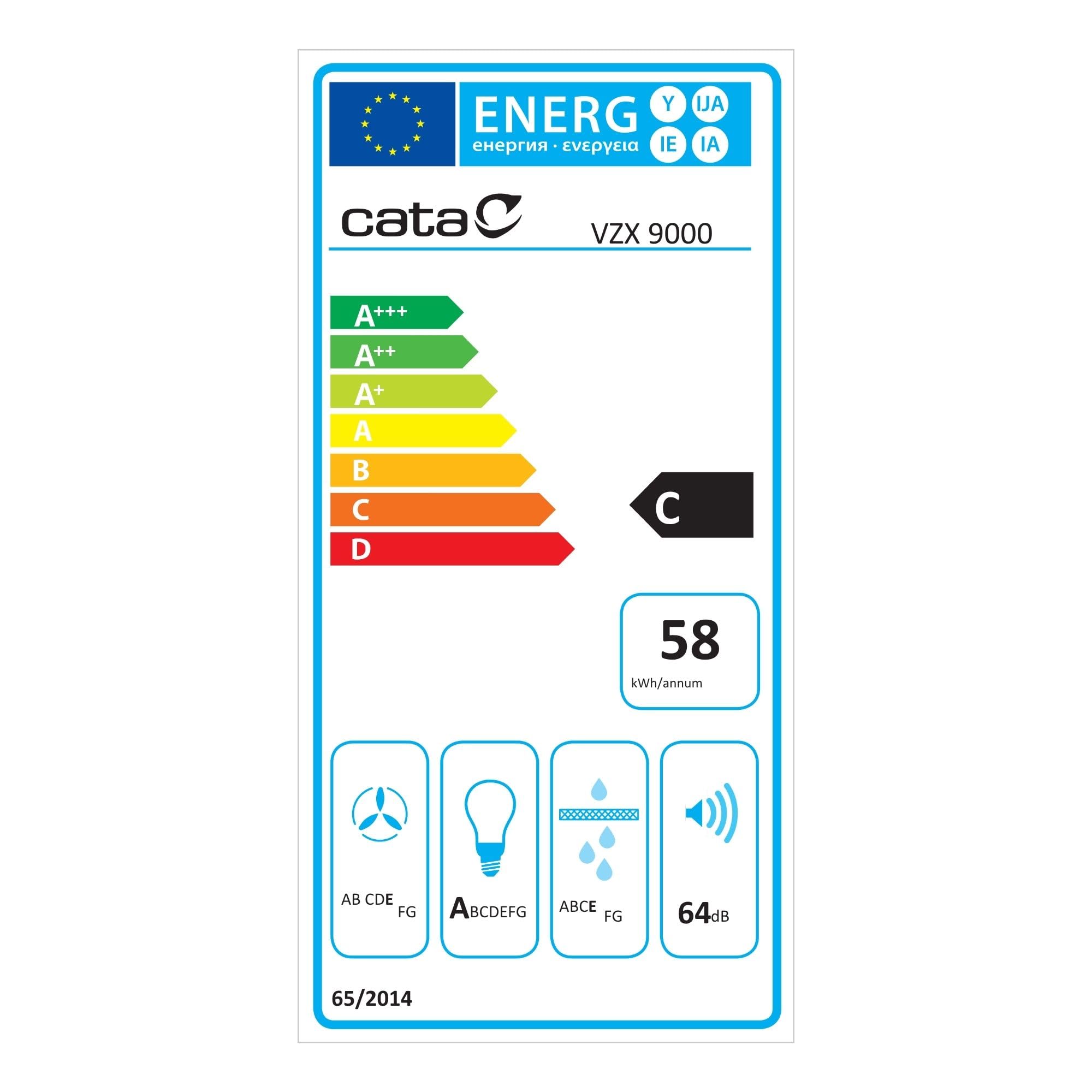 Cata Campana Extractora VZX 9000 X/A Campana de Pared Decorativo 90 cm Capacidad de Extracción de 510m3/h 3 niveles de Potencia Acabado en Acero Inoxidable