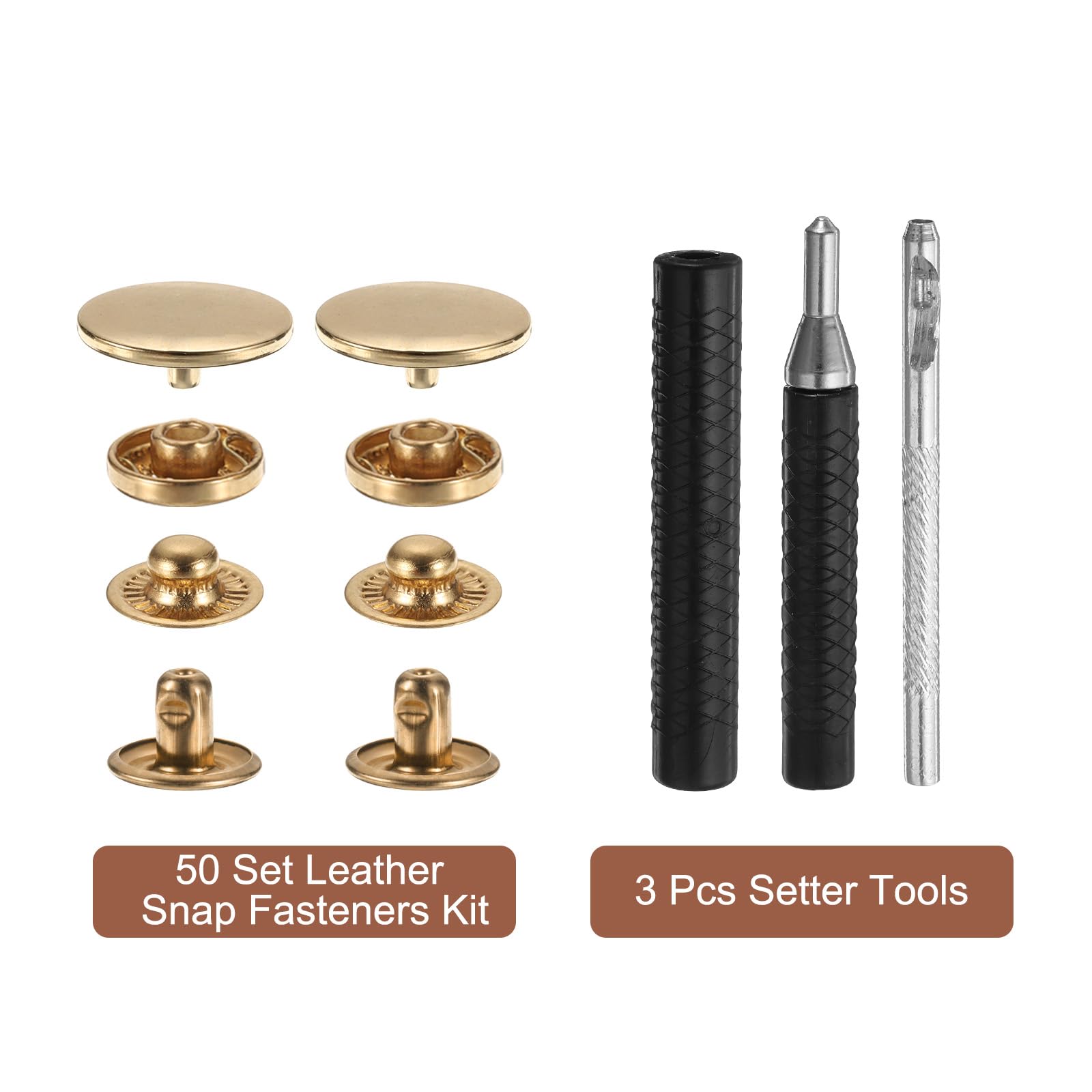 HARFINGTON Juego de 25 cierres a presión de cuero de 17 mm, remaches de cuero con 3 herramientas de ajuste para ropa, chaquetas, jeans, bolsos, color dorado