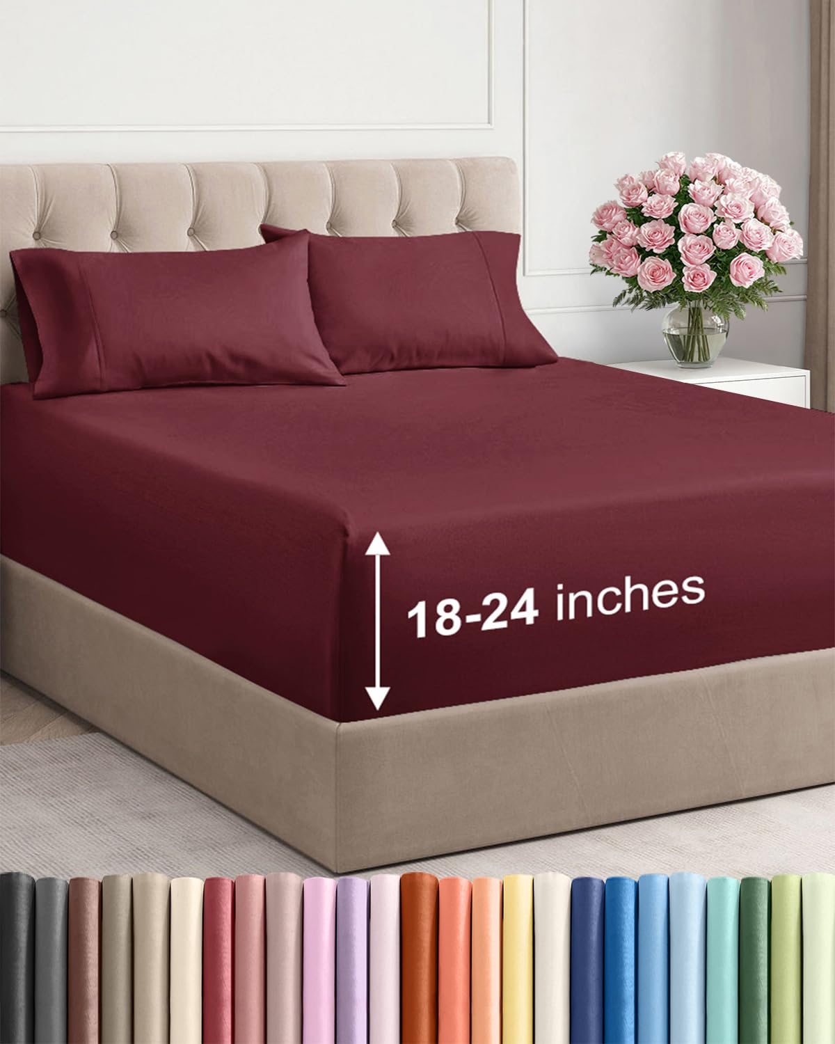 extra deep pocket queen sheets - 4 piece breathable & cooling bed sheets - hotel luxury bed sheet set - soft, wrinkle free & comfy - easily fits extra deep mattresses - deep pocket burgundy sheets set