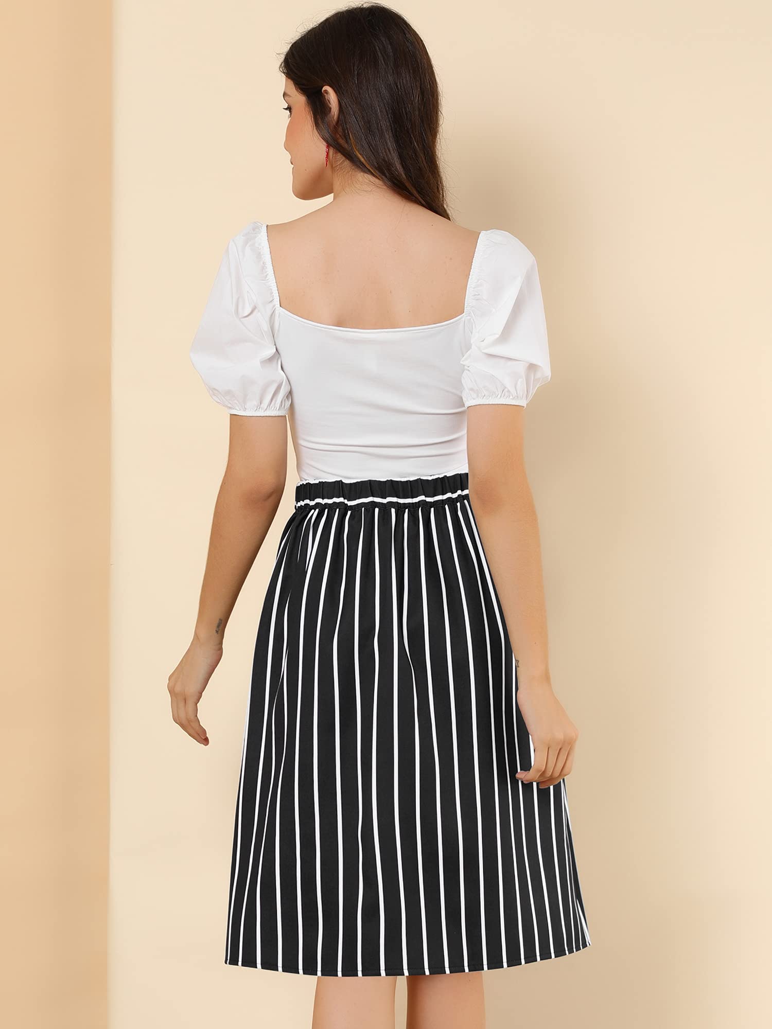 Allegra K Jupe midi rayée boutonnée sur Le Devant et élastique dans Le Dos pour Femme - Noir - Taille L