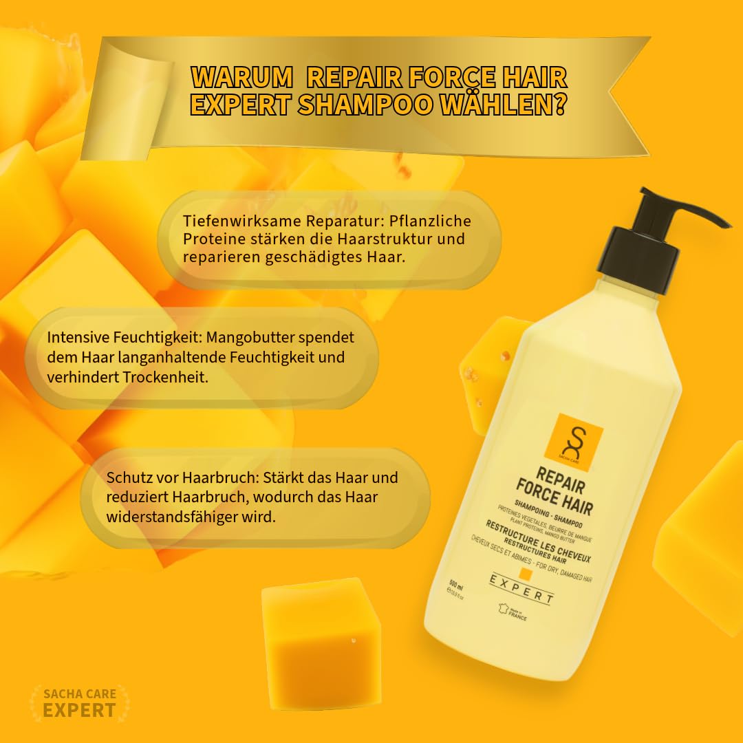 Expert Repair Force Hair szampon – z białkami roślinnymi i masłem mango, do suchych i zniszczonych włosów, regenerująca pielęgnacja, 500 ml