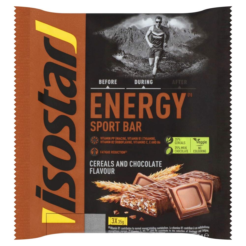 ISOSTAR – Energy Sport Riegel Getreide & Schokolade – Sport-Energieriegel mit Kohlenhydraten, Quelle für Vitamin B1, B2, B6, C, E & PP, Snack für Laufen, Radfahren & Trailrunning – 3 x 35 g