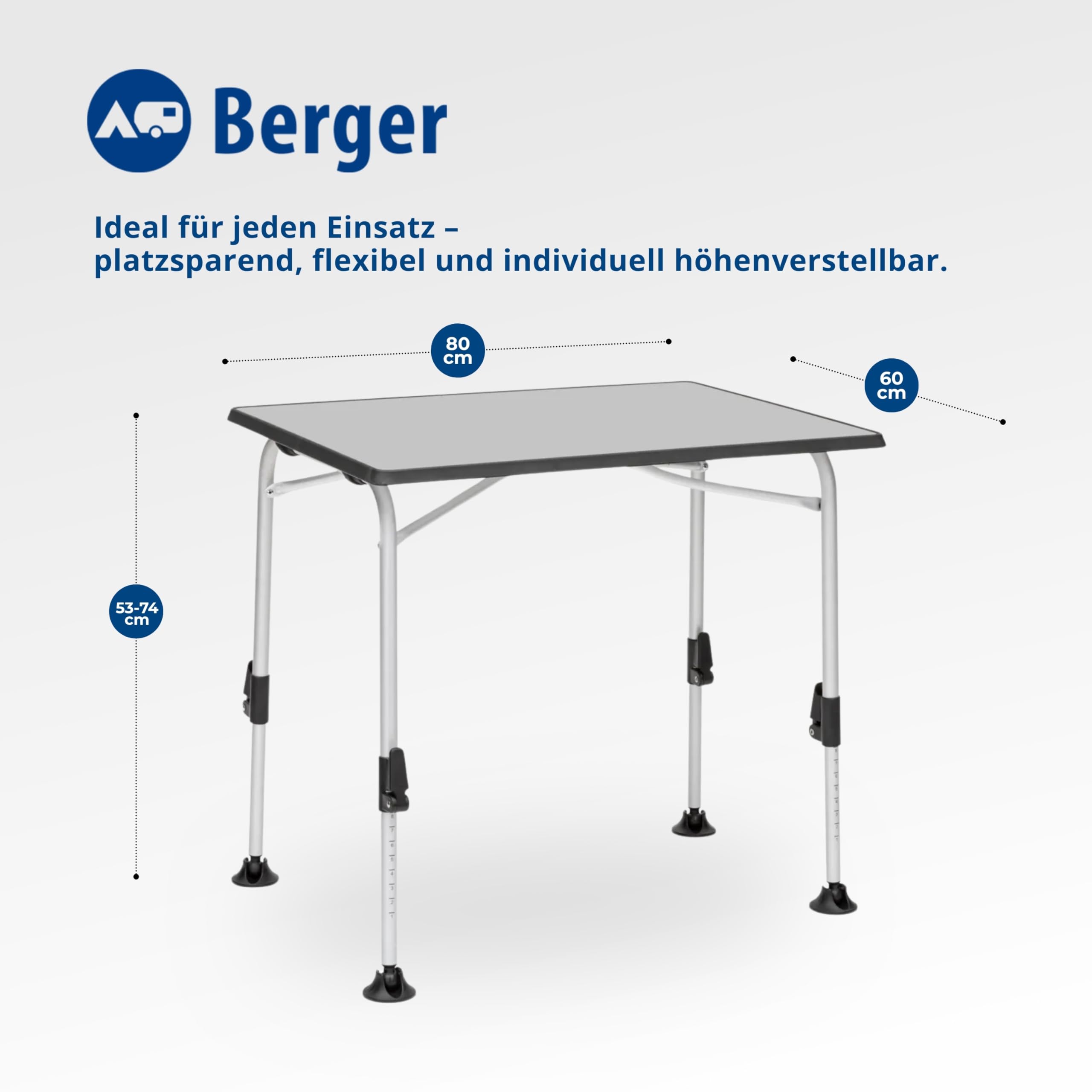 BERGER Ivalo 2 Campingtisch 80 x 60 cm | Klapptisch höhenverstellbar Alu Camping Tisch Gartentisch klappbar | Falttisch Esstisch Balkon Garten Terrasse