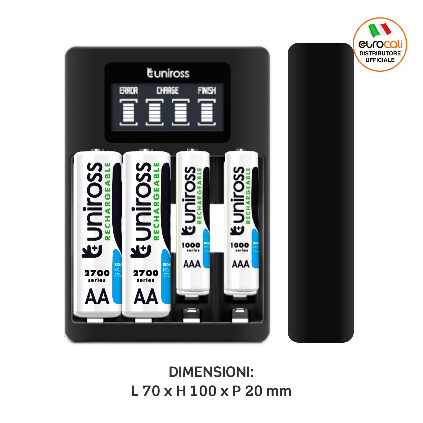 Uniross Ultra Fast Cargador rápido para baterías Recargables AA/HR6 – AAA / HR03 Alimentado por Cable USB con 4 Pilas AA 2700 Series – Paquete de 1 Cargador y 4 Pilas AA