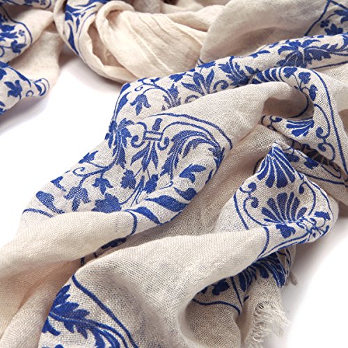 TrendsBlue Elegant Viscose Cross Floral Frayed End Scarf Wrap3