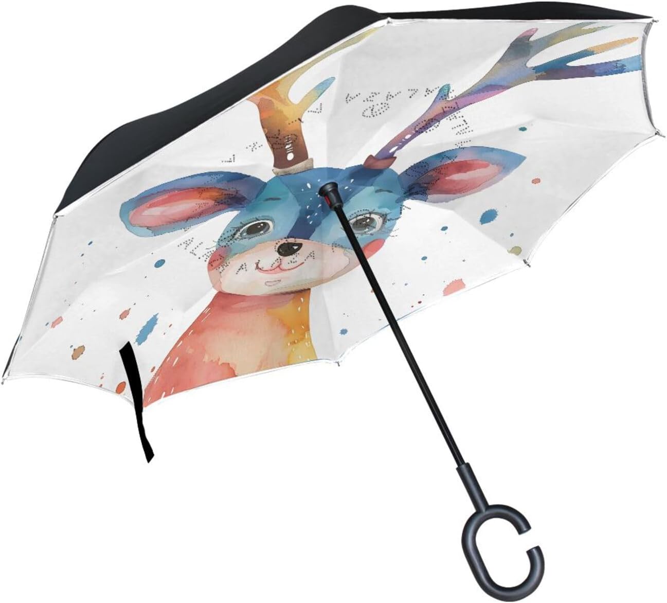 Cartoon Rainbow Deer Inverted Umbrellas for Rain Windproof Reverse Upside Down Golf Umbrella with C-shape Handle for Men Women