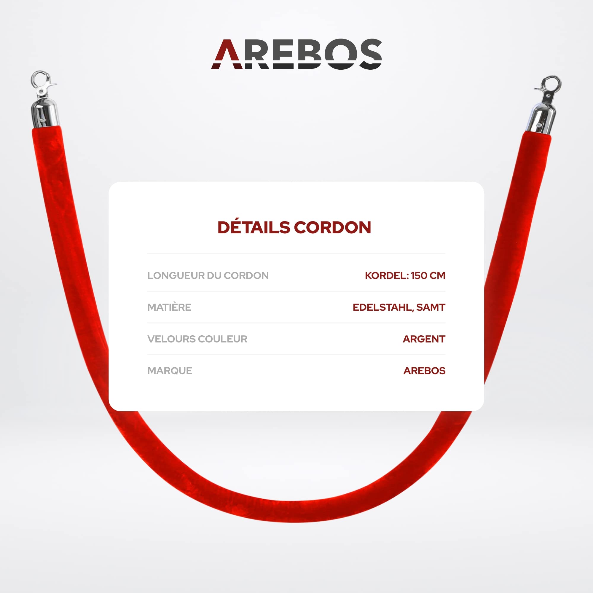 Corde de Barrière Arebos 1.5m Rouge avec Crochets Argentés pour Contrôle des Foules