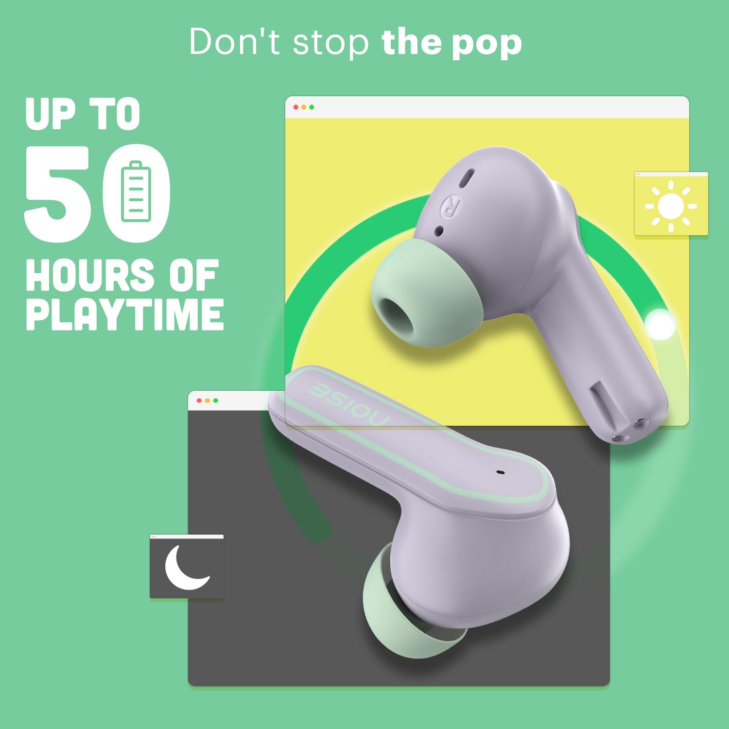 Noise Pop Buds Truly Wireless Earbuds with 50H of Playtime, Quad Mic with ENC, Instacharge(10 Min=150 Min) Bluetooth V5.3(Lilac Pop) True Wireless — Amazon image 4
