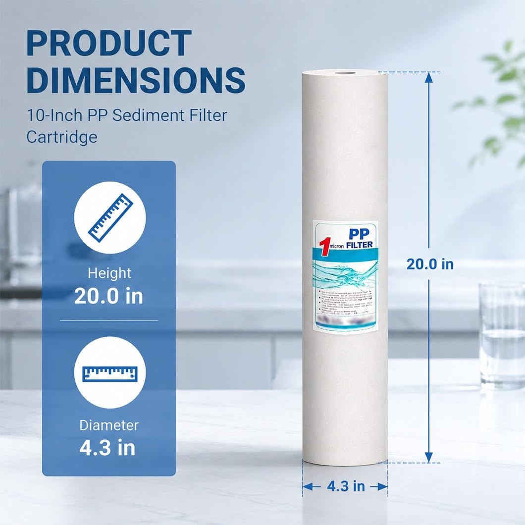 Opakowanie 3 płaskich wkładów filtracyjnych PP do osadów 20" x 4,3", uniwersalne filtry do wody zamienne do obudów filtrów 20-calowych, wstępna filtracja całego domu(1 micron)