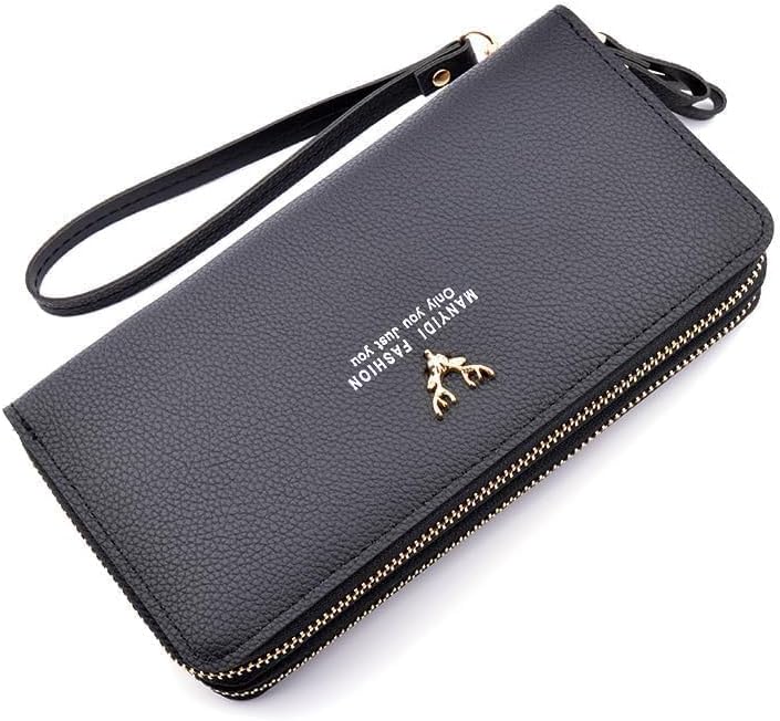 PU Bifold Coin Purse with Deer Antler Zipper, Multi-Functional Wallet for Travel & Daily Use, Black, 7.68" x 3.74" x 1.57", Casual Coin Purse
