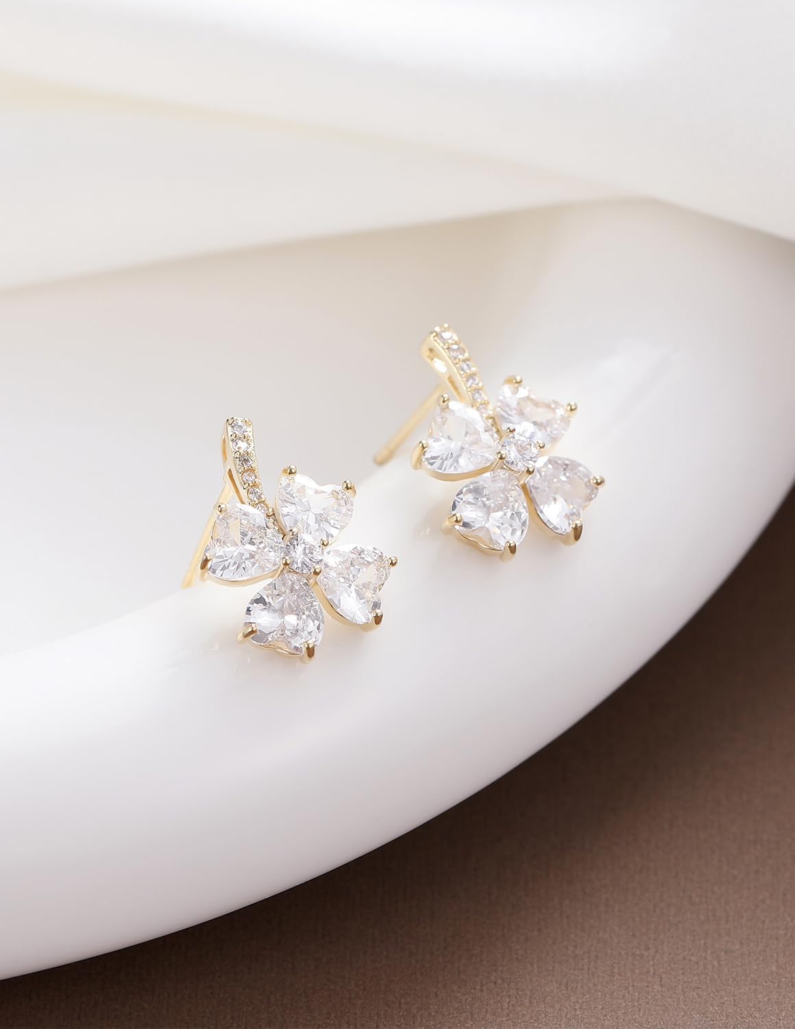14K Gold Plated Clover Cubic Zirconia Stud Earrings for Women Jewelry - Image 5