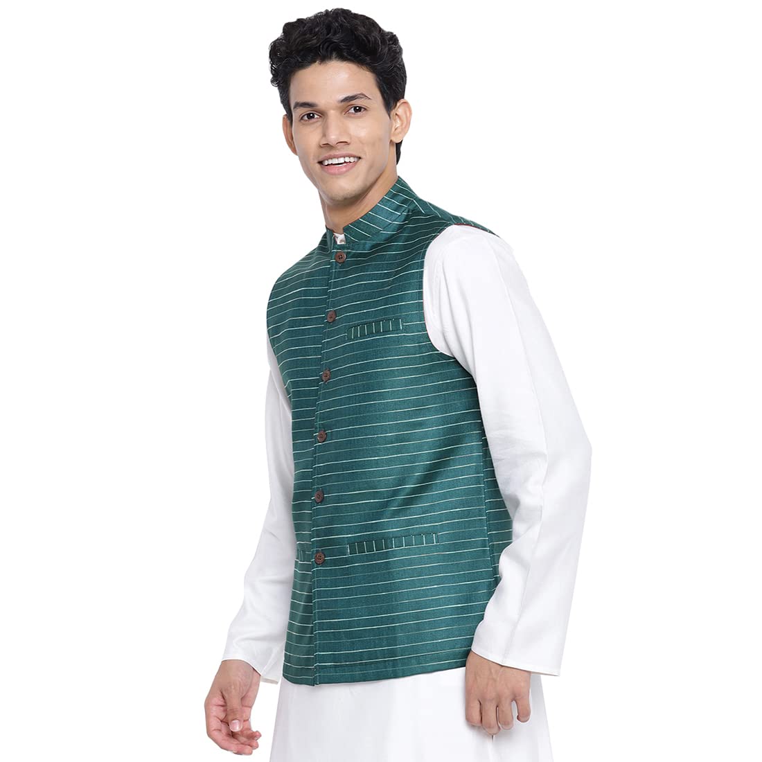 Fabindia Men Viscose Blend Striped Nehru Jacket Green_Xl