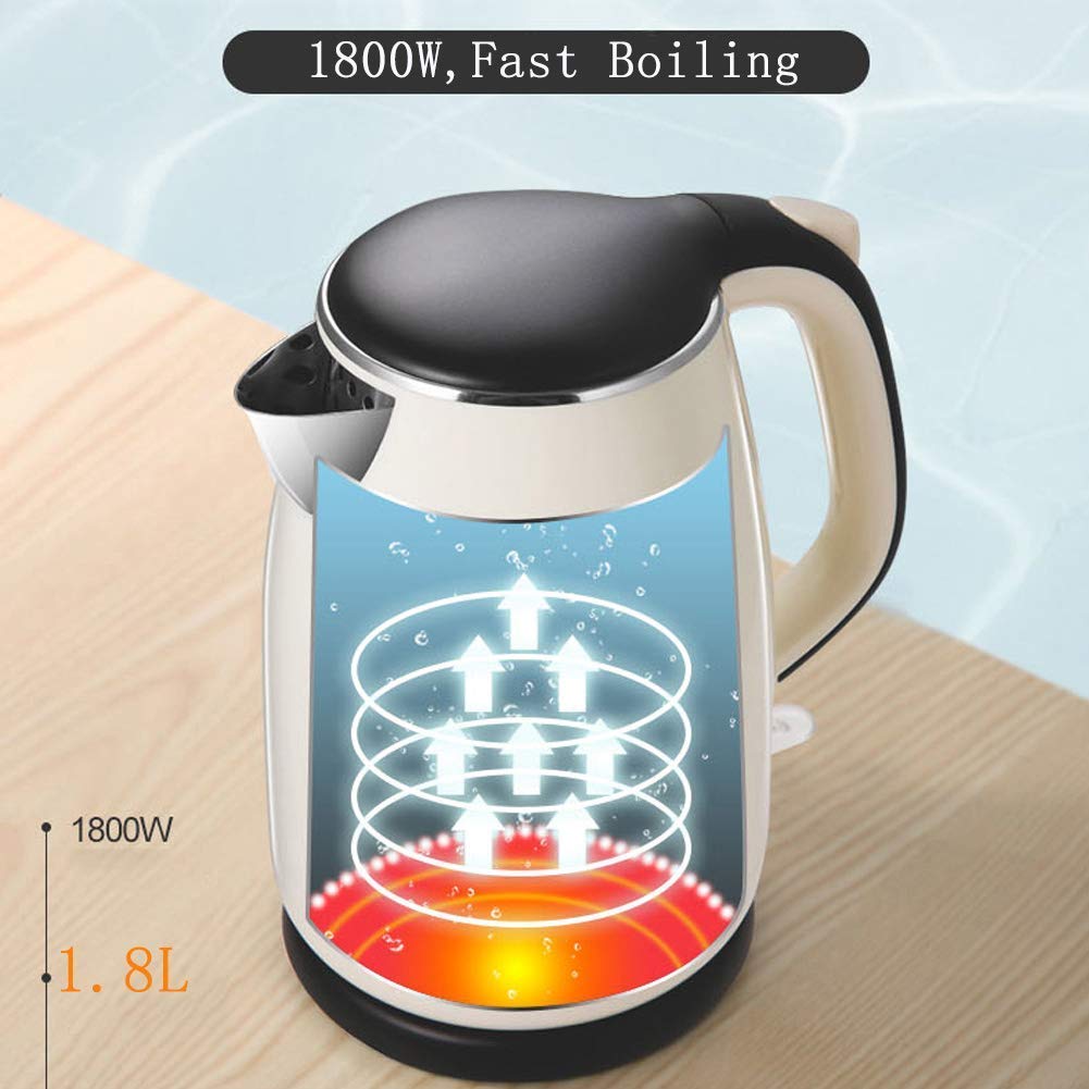 Hervidores de viaje eléctricos, rápidos y silenciosos, capacidad de 1,8 l con indicador LED de ebullición rápida, 1800 W con base de pirueta inalámbrica 360, acabado de acero inoxidable 304, apagado