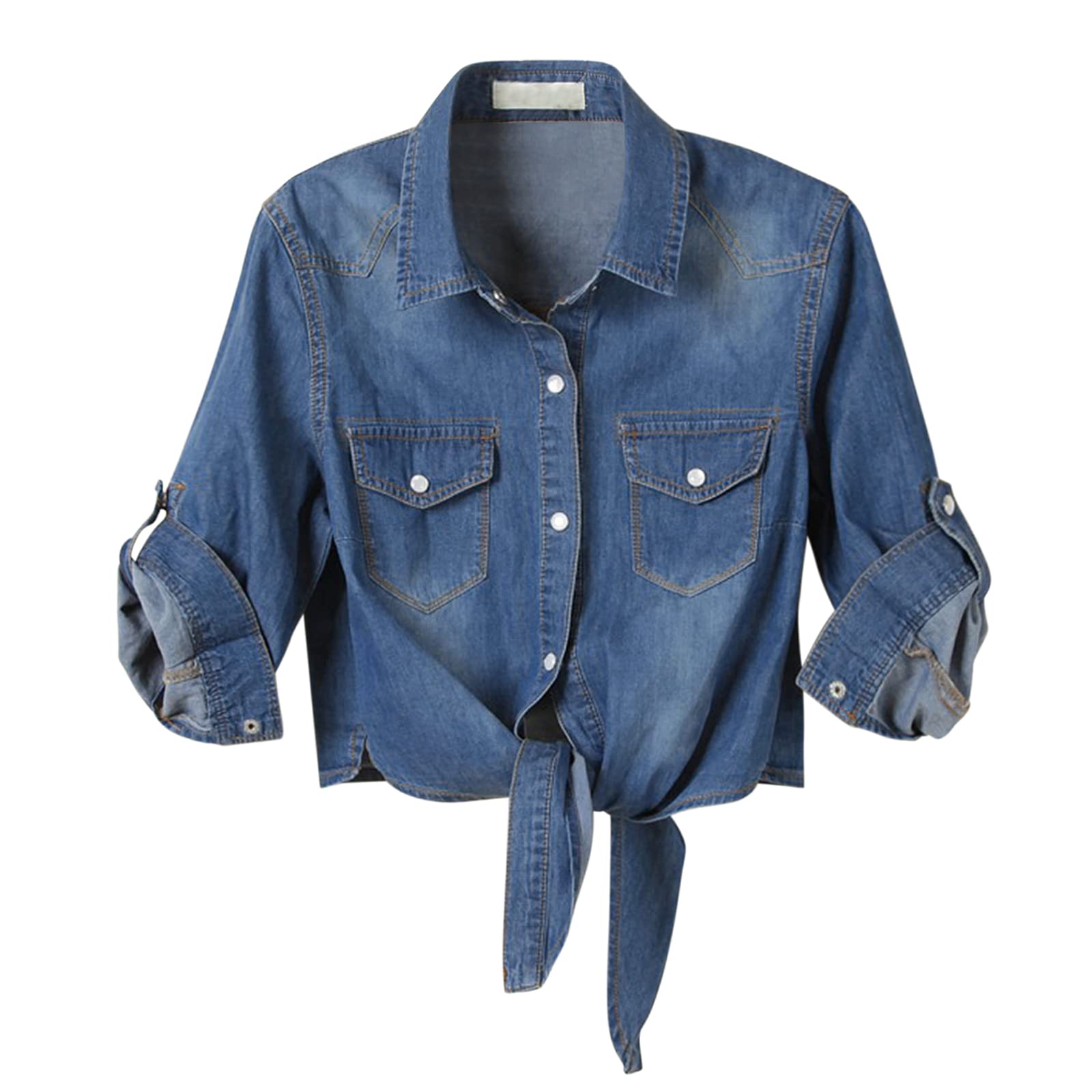 Women's Denim Shirt 3/4 Sleeve Tie Front Top Knot Chambray Cardigan Button Shirt Jean Crop Top Jacket