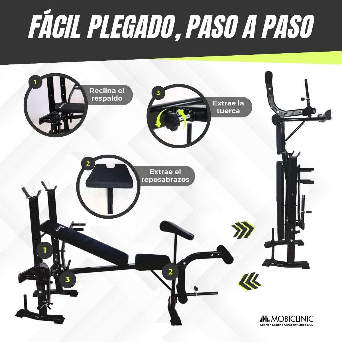 Mobiclinic® fitness, Banco de musculación multifuncional, Pressfit, Ajustable, Plegable, Acero, Soporta hasta 250 kg, Soporte para barras, Ideal ejercicios fuerza en casa