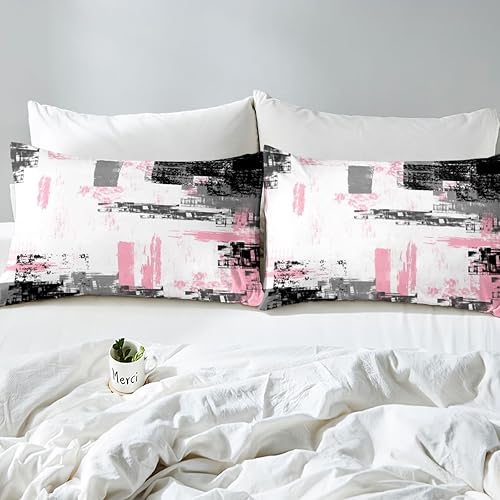 Miniatura 7 de Feelyou Juego de funda de edredón abstracta para niños, juego de ropa de cama moderno de arte abstracto rosa, blanco y negro, juego de funda de