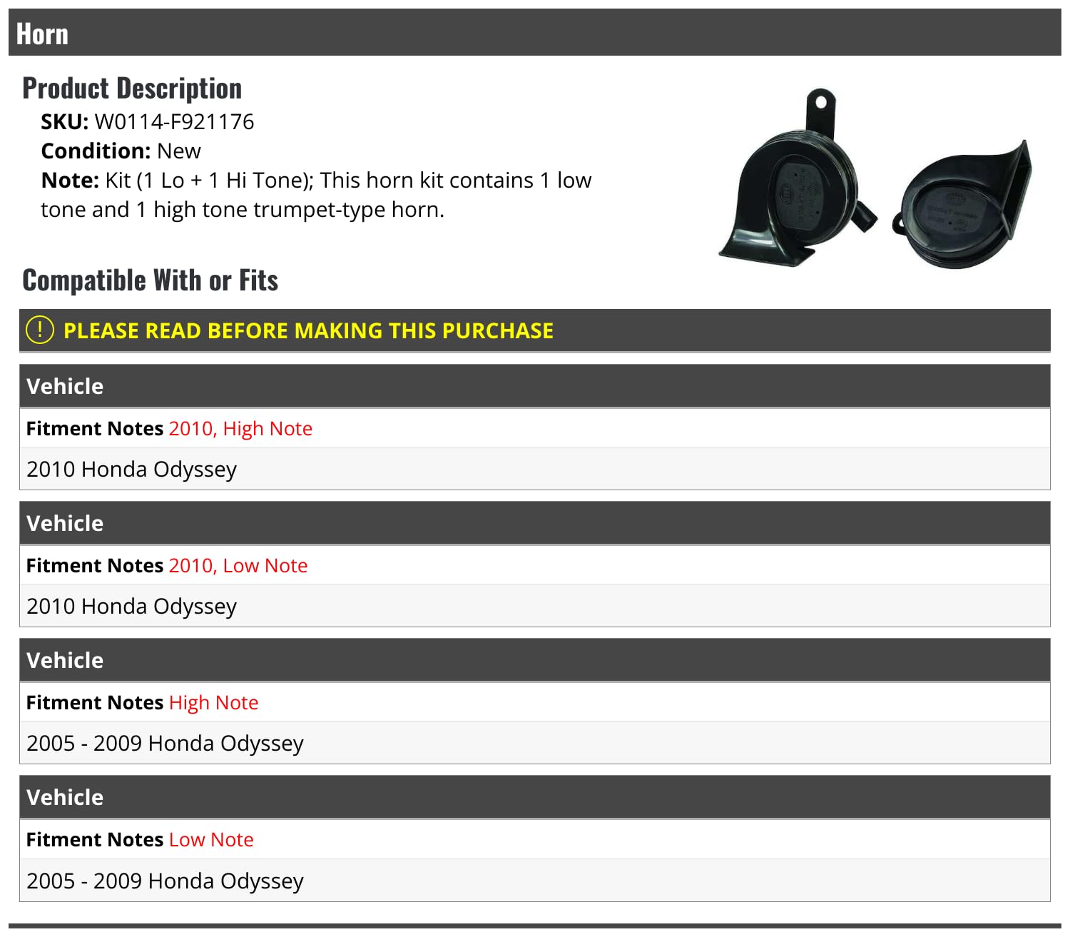 Horn - Compatible with 2005-2010 Honda Odyssey