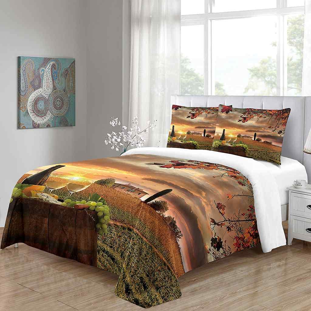 Pościel zestaw poszewek na kołdrę super king size 260 x 220 cm nadruk 3D zachód słońca farma dwór oddychająca mikrofibra podwójne poszewki na kołdrę dla dorosłych nastolatków pościel 3 sztuki z zapięciem na zamek błyskawiczny