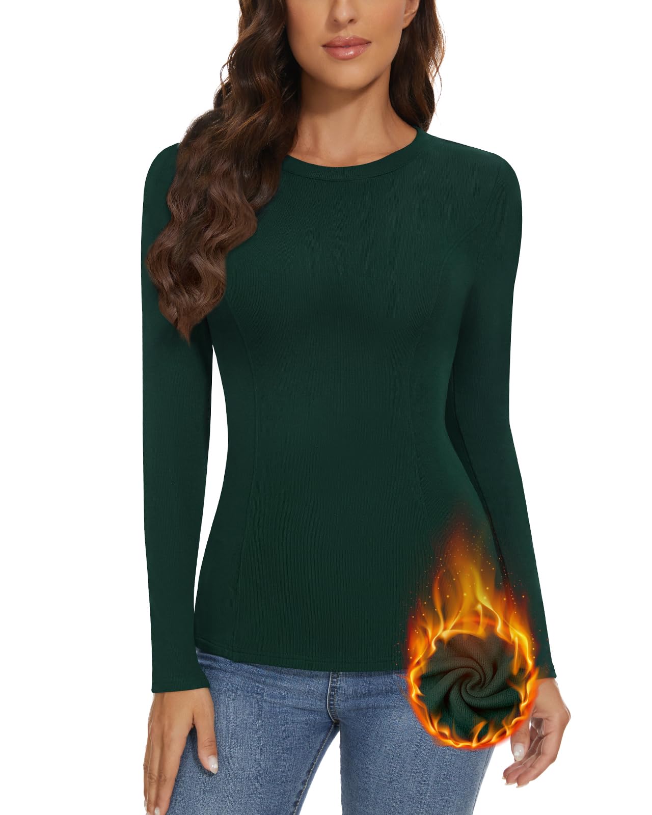 WOWENY Pullover Damen Winter Elegant Langarmshirt Mit Fleece Rundhals Gerippt Slim Fit Warme Pulli Basic Oberteile Sweatshirt Tops,