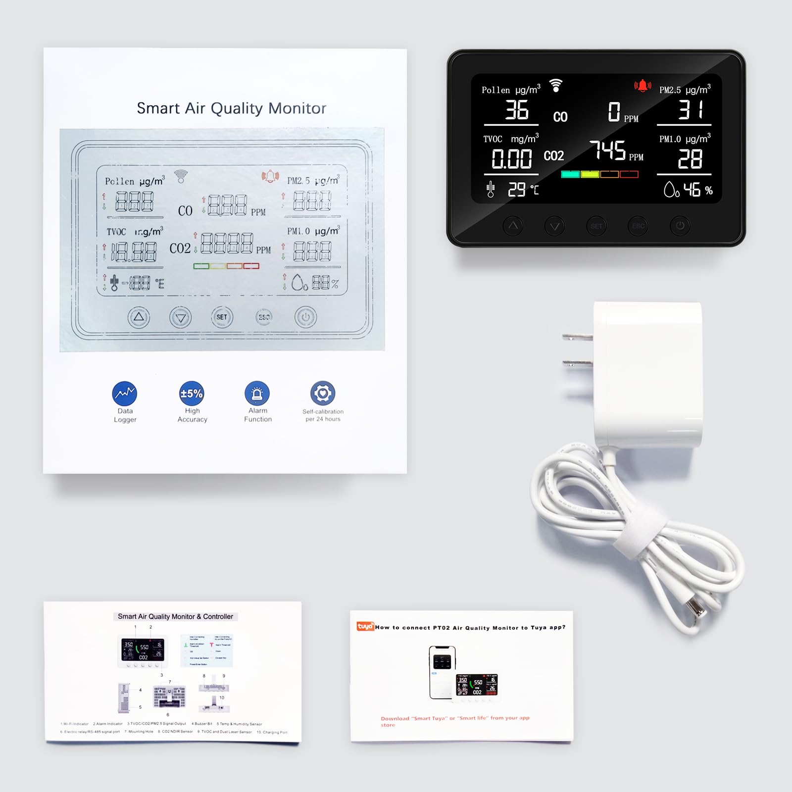 CF-30 Monitor de calidad del aire para interiores para polen, CO2, PM2.5, PM1.0, TVOC, temperatura, humedad, contaminación del aire con pantalla LCD grande, APP para configuración e historial