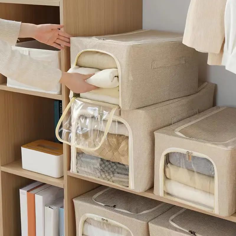 Image of 3 Pack Clothes Storage Bins with Metal Frame, Foldable Clothing Storage Bins with Lids, 31L Stackable Storage Box Storage Bags Fabric Bins Organizer with Clear Window＆ Zippers＆ Sturdy Handles