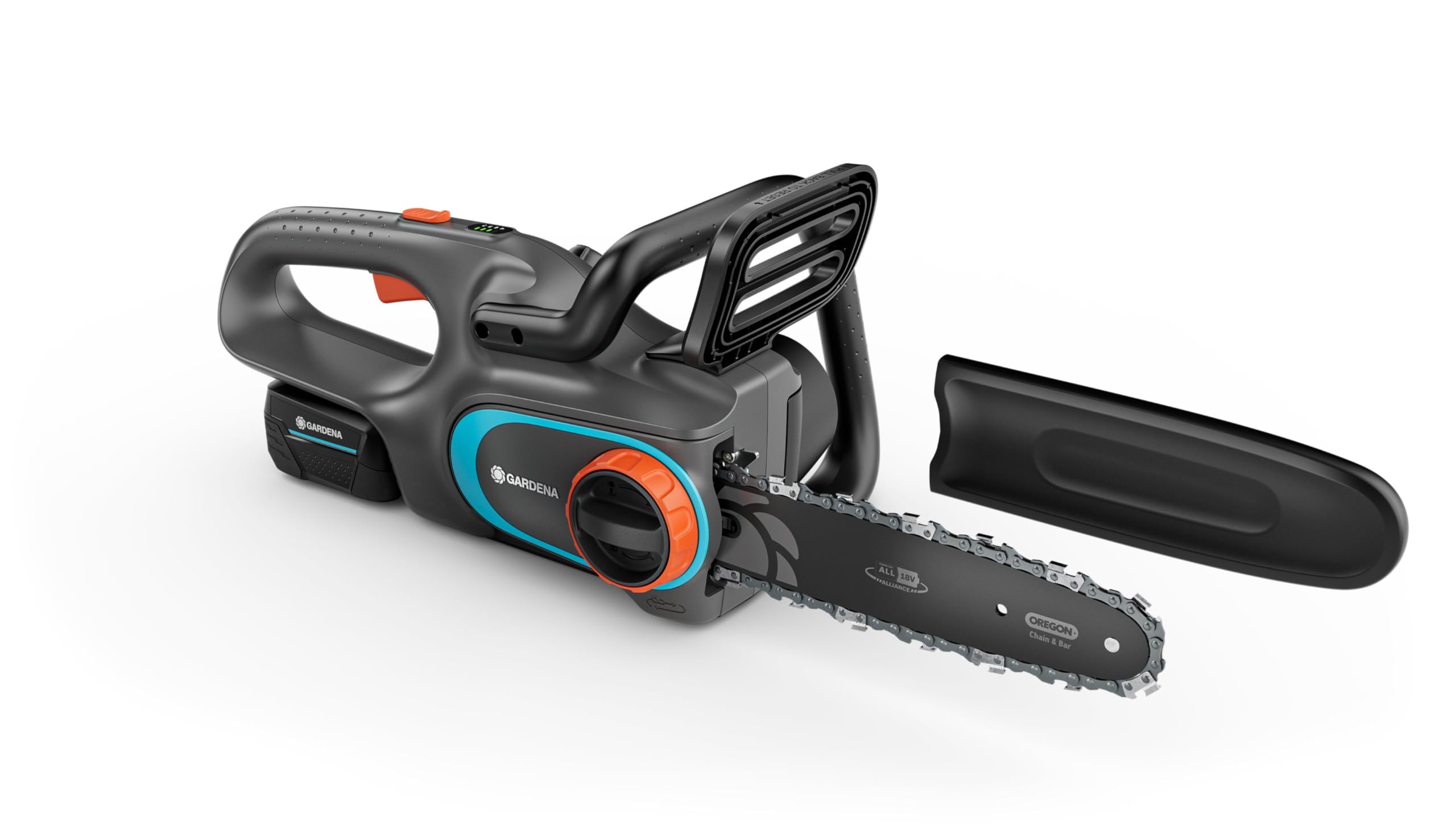 Gardena Akku-Kettensäge PowerSaw 250/18V P4A Ready-To-Use Set: Oregon Kette, Ergonomisch, Geräuscharm, Kettenbremse, Kabellos (14790-20)