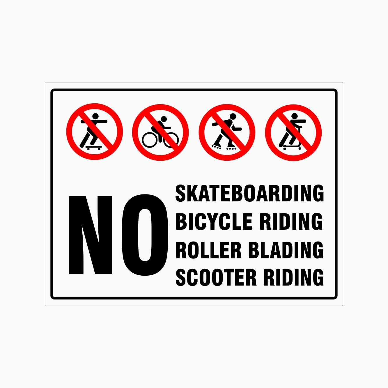 No Skateboarding, Bicycle Riding, Roller Blading, or Scooter Riding Sign Prohibition Metal Tin Sign 12x8 inch for Industrial & Commercial Series