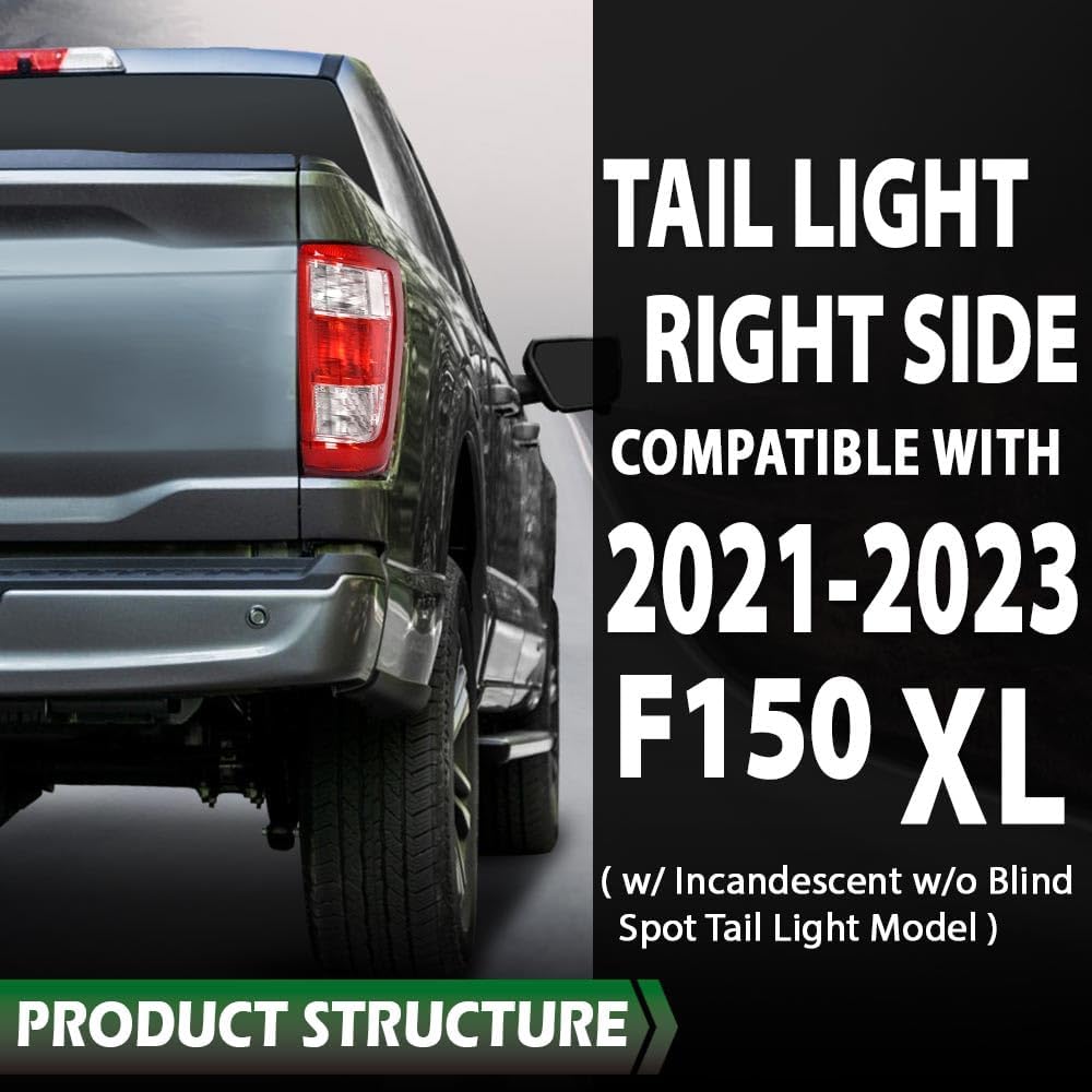 LQI Tail Lights Assembly Rear Lights Lamps Red Right Side w/o Bulbs Compatible with Ford F150 XL 2021-2023 Fit for w/Factory Incandescent and w/o Blind Spot Tail Light Models Only FO2818159