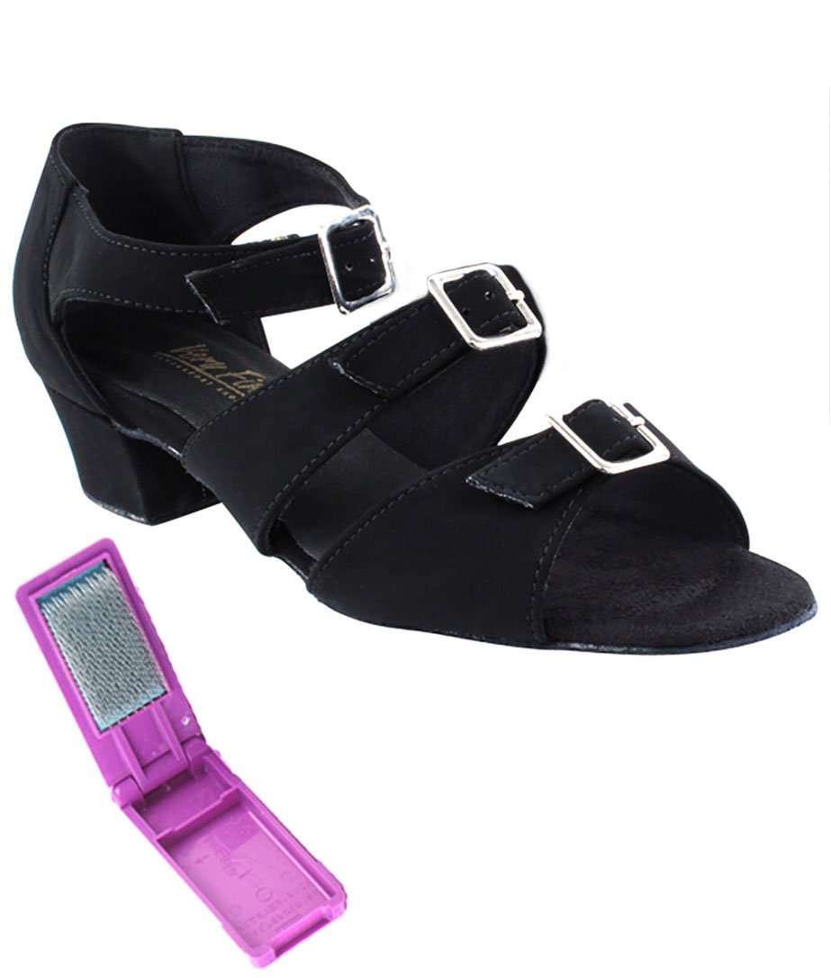 Very Fine Dance Shoes - Ladies Practice, Cuban Low Heel Ballroom Dance Shoes - 1679-1.5-inch Heel and Foldable Brush Bundle - Black Nubuck - 8.5