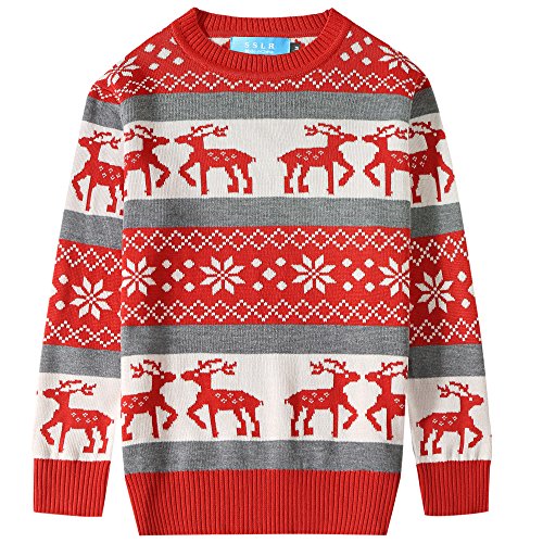 SSLR Big Boys' Reindeer Snowflake Pullover Crewneck Ugly Christmas Sweater (Medium(10-12), Red Grey)