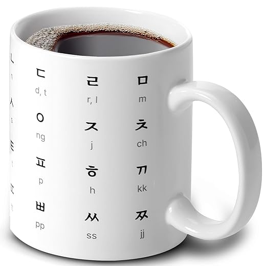 BICETTO 12oz Korean Ceramic Coffee Cup with Stunning Hangul & English Alphabet Pattern - Ideal Mug for Coffee & Language Enthusiasts - Durable - Premium Korean Gift (Mineral White)