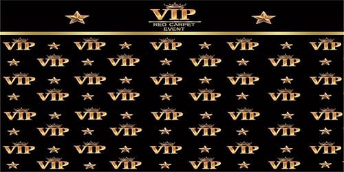 Vista 17 de AOFOTO Telón de fondo VIP de 10 x 7 pies, alfombra roja, decoración de fiesta, fondos de fotografía, fondo de película negro y dorado, fondo