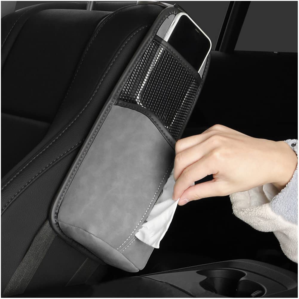 WAYUTO 2 in 1 PU Leather Car Seat Tissue Holder with Adjustable Straps Car Water Bottle Holder Bag Car Seat Storage Hanging Bag for Cars Between Seats Gray