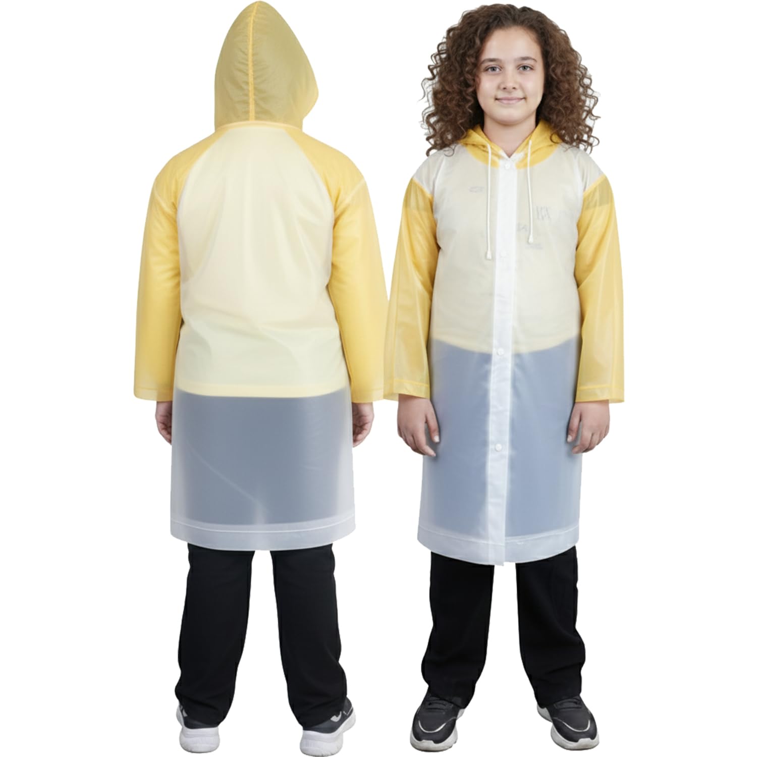HACER EVA Kids Hooded Raincoat for 10 to 14 Years Water Resistant Full-Sleeve Poncho with Adjustable Hood Drawstring Full Length Rainwear Boys & Girls (1 Pc, Yellow & White)