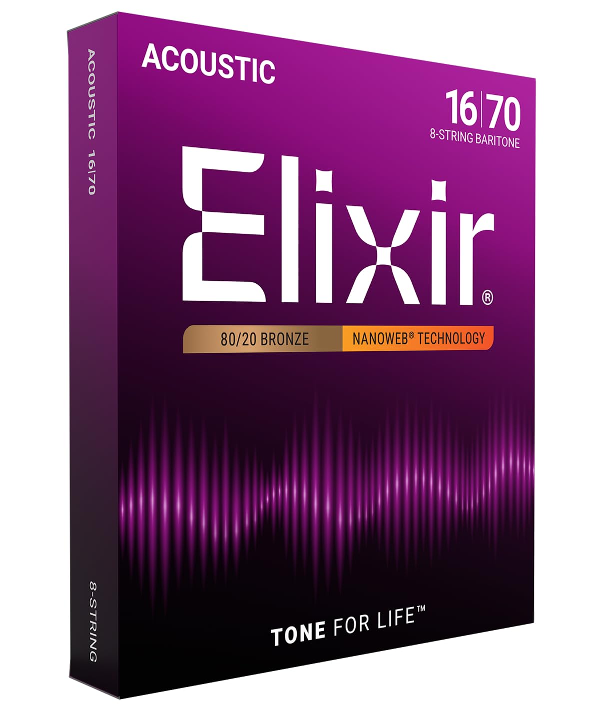 Elixir Strings, Acoustic Guitar Strings, 80/20 Bronze with NANOWEB Technology, Longest-Lasting Bright and Focused Tone For Life with Comfortable Feel, 8-String Set, Baritone For Life 16-70