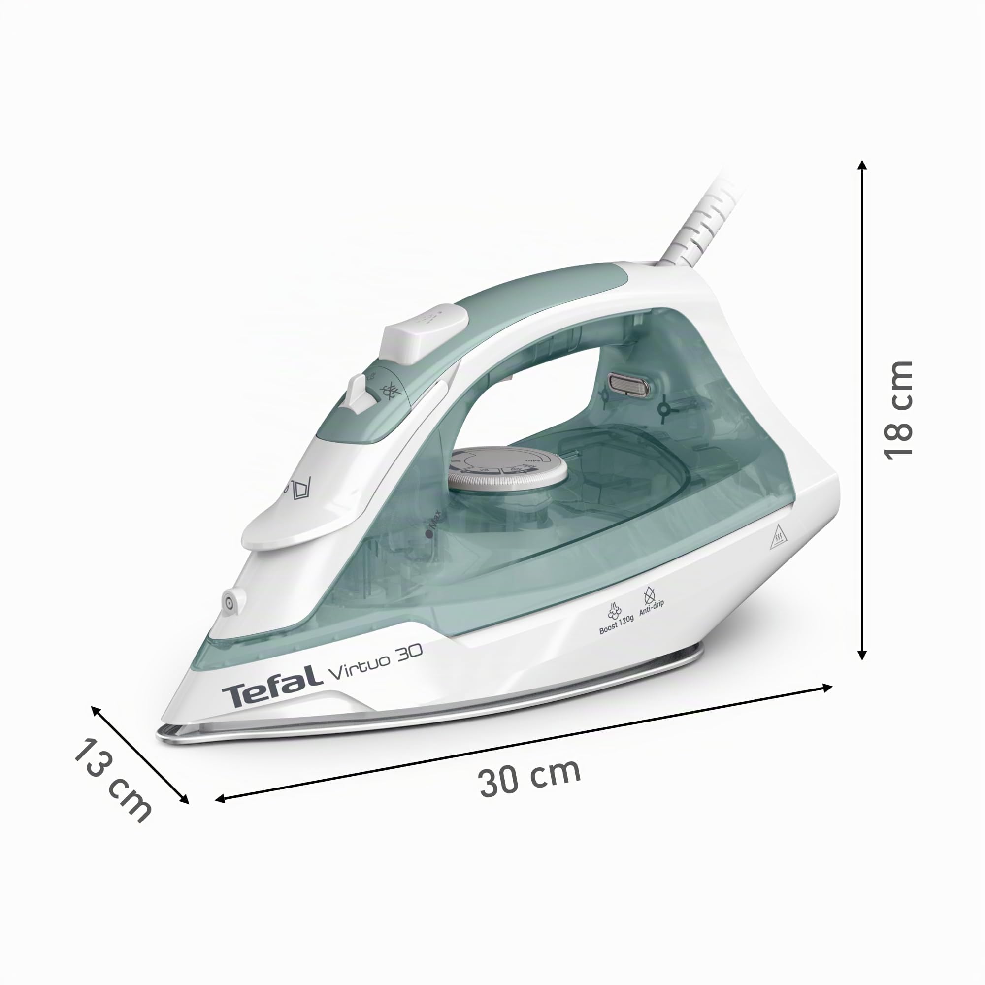 Tefal Virtuo FV2C42E0 - Ferro da stiro a vapore, 2000 W, 27 g/min, vapore 120 g/min, tempo di riscaldamento 30 sec, vapore verticale, sgocciolamento, punta di precisione, eucalipto, FV2C42E0