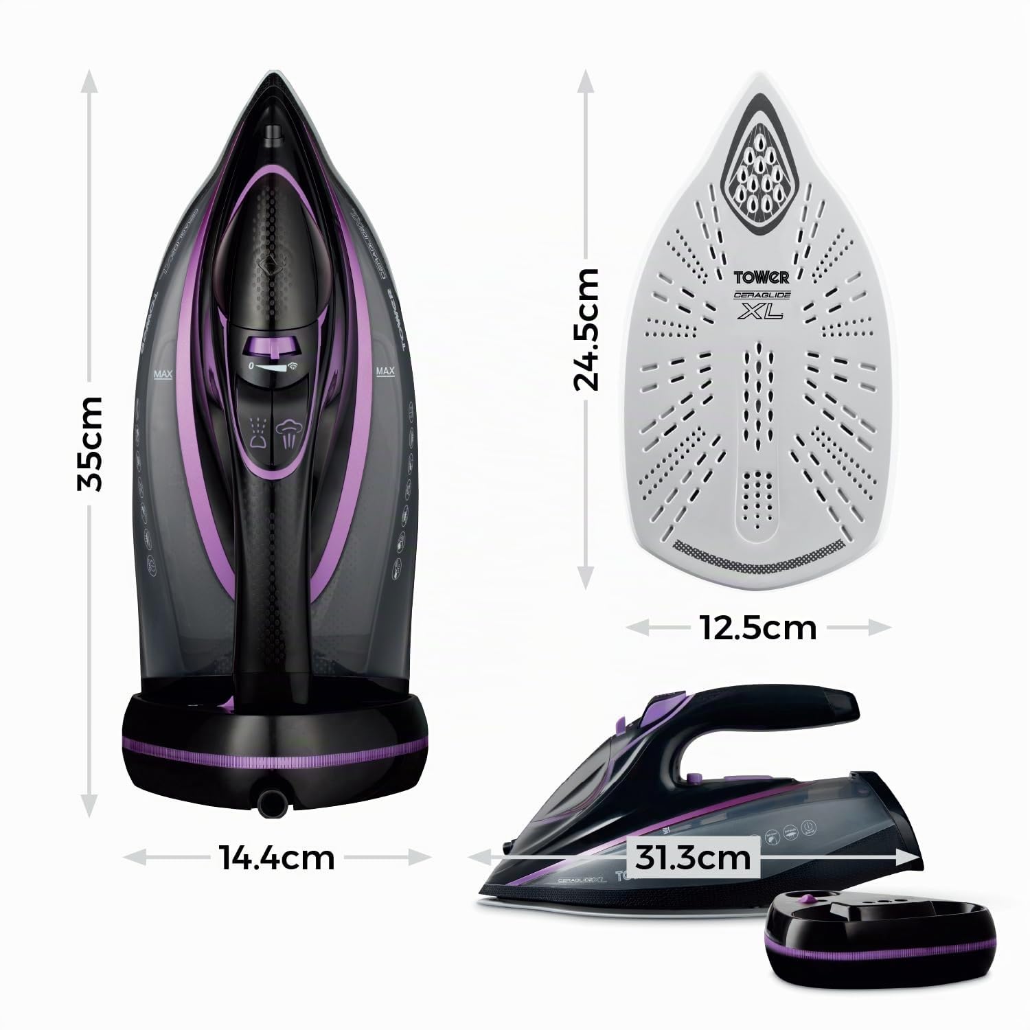 Tower T22036LIL Fer à vapeur sans fil avec technologie One Temp et semelle céramique XL, fonctions anti-goutte et anti-calcaire, réservoir d'eau de 350 ml, 3100 W, lilas et noir