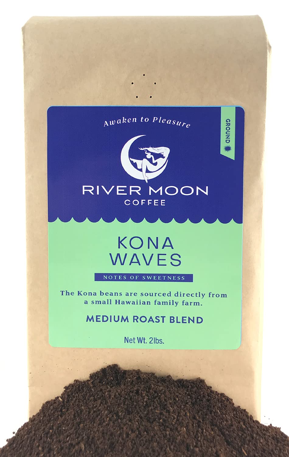 River Moon Coffee, Kona Coffee Ground, Medium Roast, 2 lbs, Kona Waves Hawaiian Blend, Sustainably Farmed, 100% Arabica
