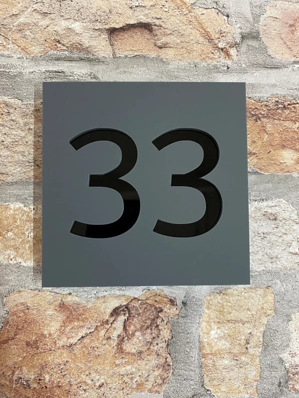 One of a Kind Design UK Personalized Floating House Number Sign Contemporary UV Printed Address Plaque Stainless Steel Mounts Weather Resistant & UV Stable Modern Custom Home Sign - Grey