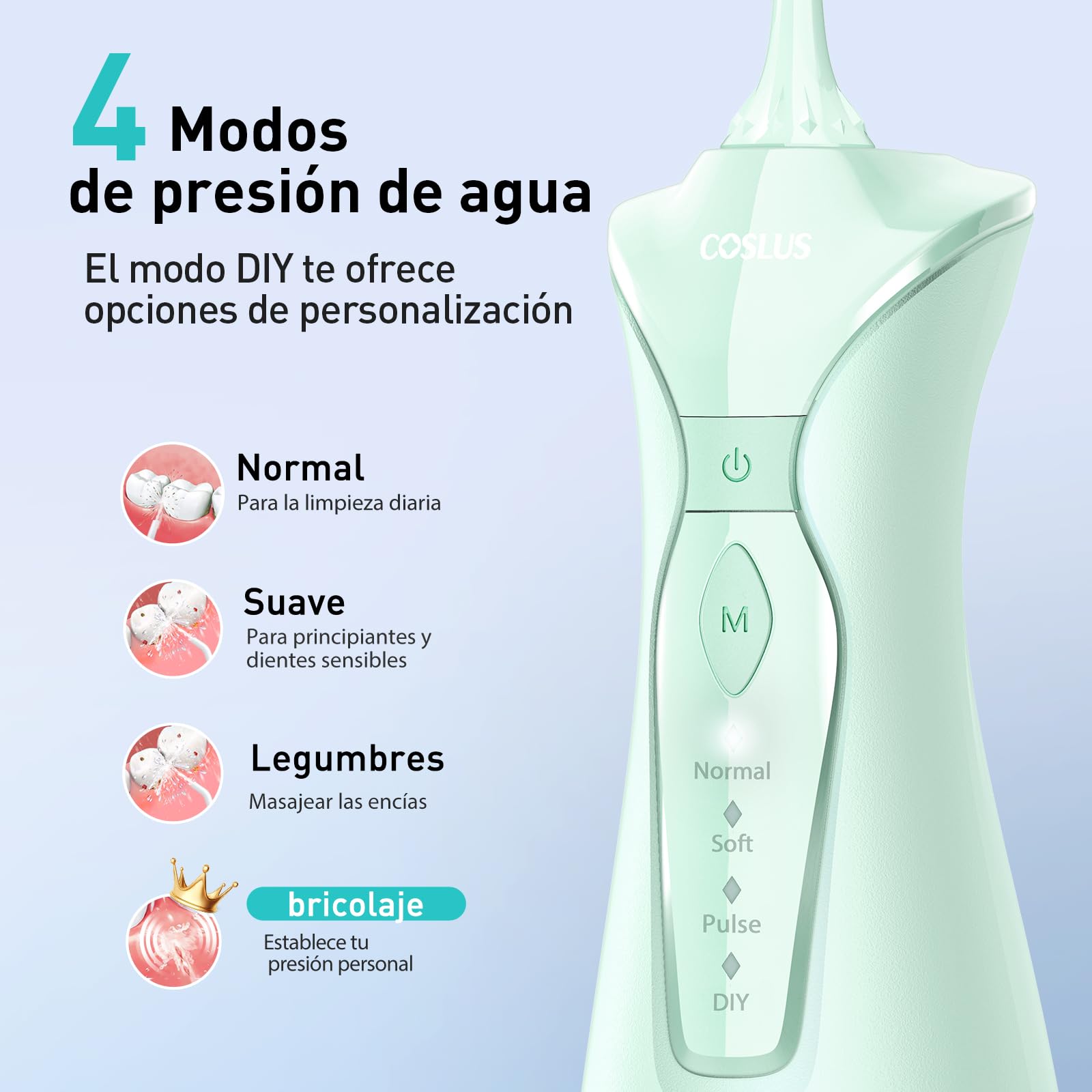 Irrigador Bucal Portatil Irrigador Dental: COSLUS 4 Modos Irrigador Dental 300ml Tanque de Agua Irrigador Bucal Ganador de la Prueba 30 Días de Duración de la Batería Limpiador Interdental Verde