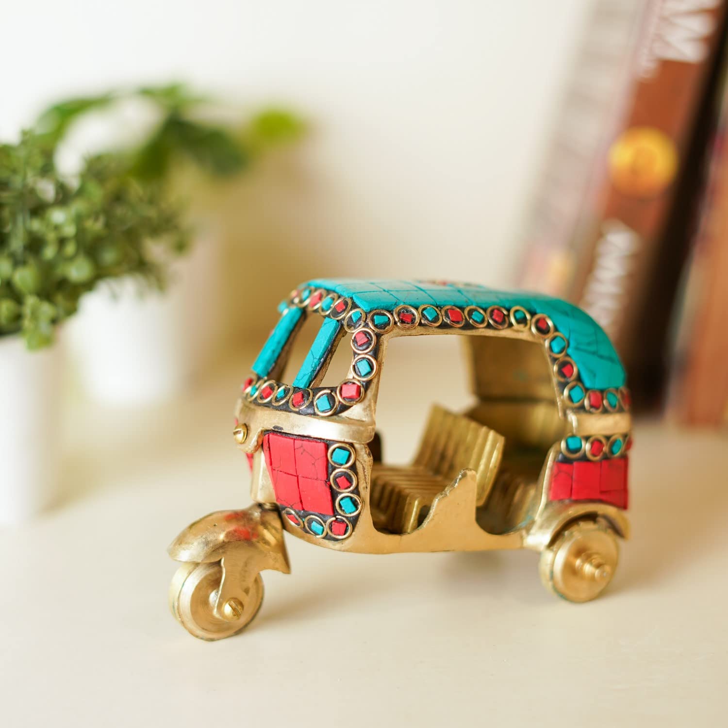 The Bombay Store - Brass Auto Rickshaw with Stonework 5 in