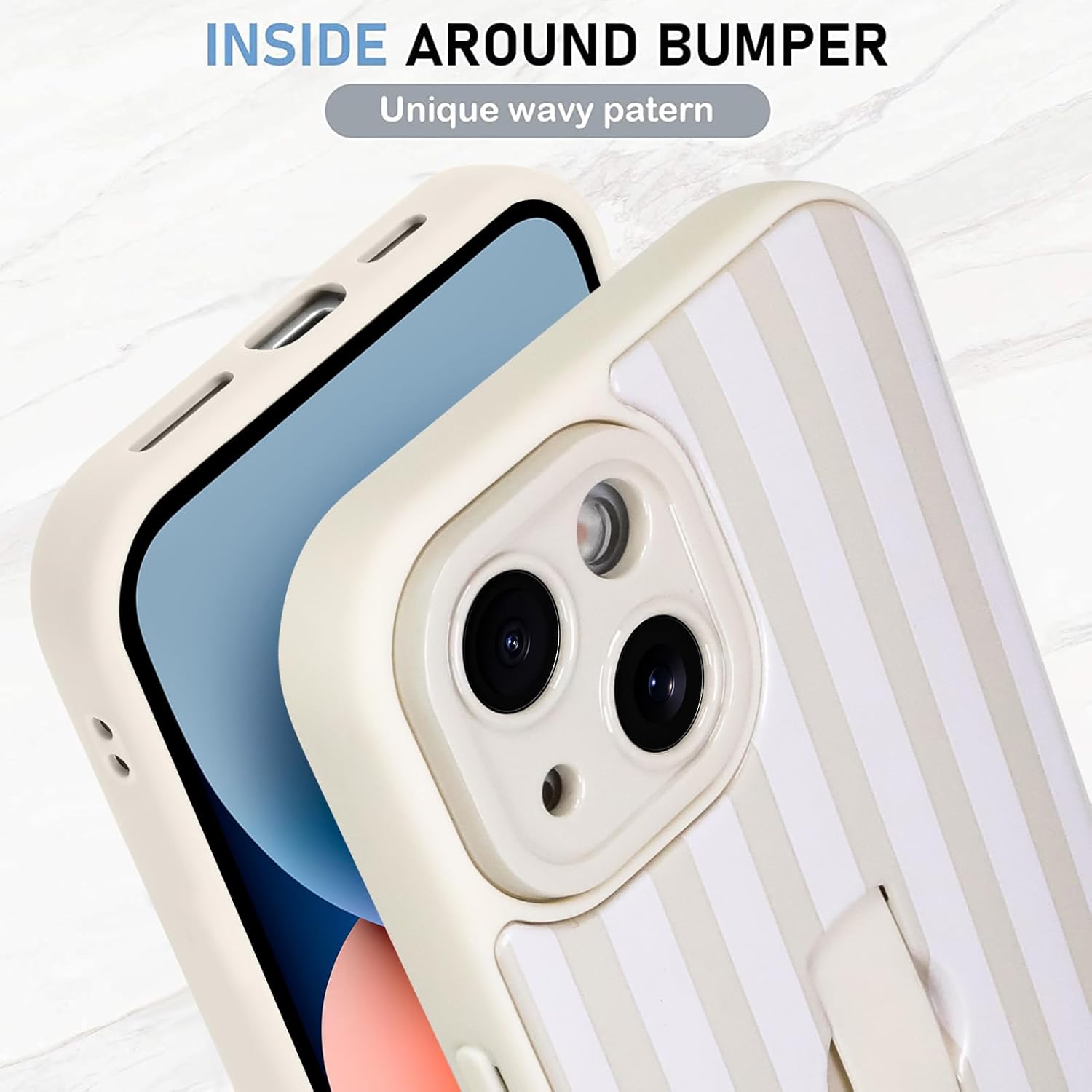 KANGHAR Compatible with iPhone 14 Case, Silicone Stripes Cute Pattern, Wristband Kickstand Camera Protection Soft Slim Cover for Girls Women -White - Image 4