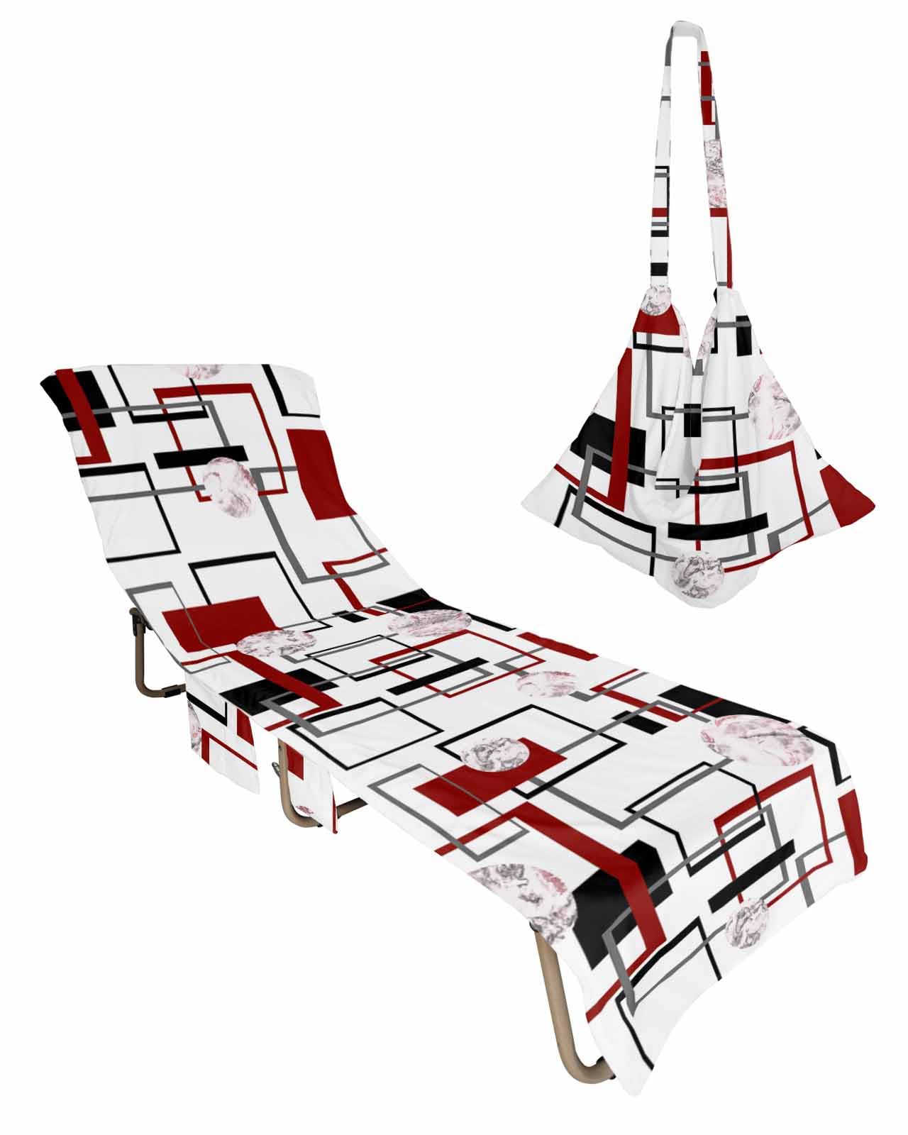 Abstract Red Beach Chair Towel Covers for Chaise Lounge with Side Pocket, Soft Plush Pool Towels Cover for Patio Sunbathing Outdoor 29''x85'' Geometric Black Grey Modern Marble