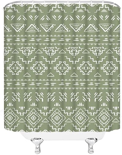 Miniatura 3 de Cortina de ducha geométrica bohemia verde salvia, moderna, estilo tribal, retro, azteca occidental, abstracta, de mediados de siglo, arte de