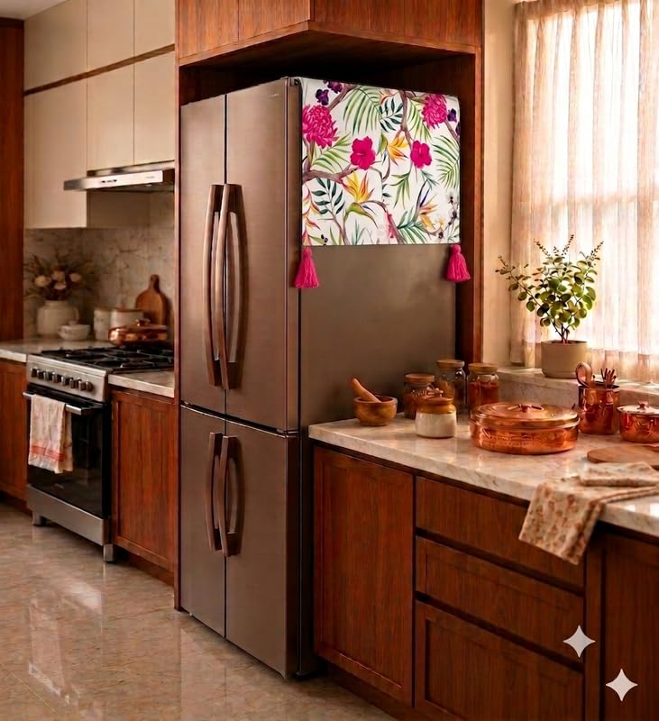 Image of WWW.THROWPILLOW.IN Four Door Fridge Top Cover|Big Size Fridge Cover With Corner Tassels 4 Door Fridge 400+ L|Refrigerator Cover Dustproof Fridge Top Mat|Floral 450 GSM Durable