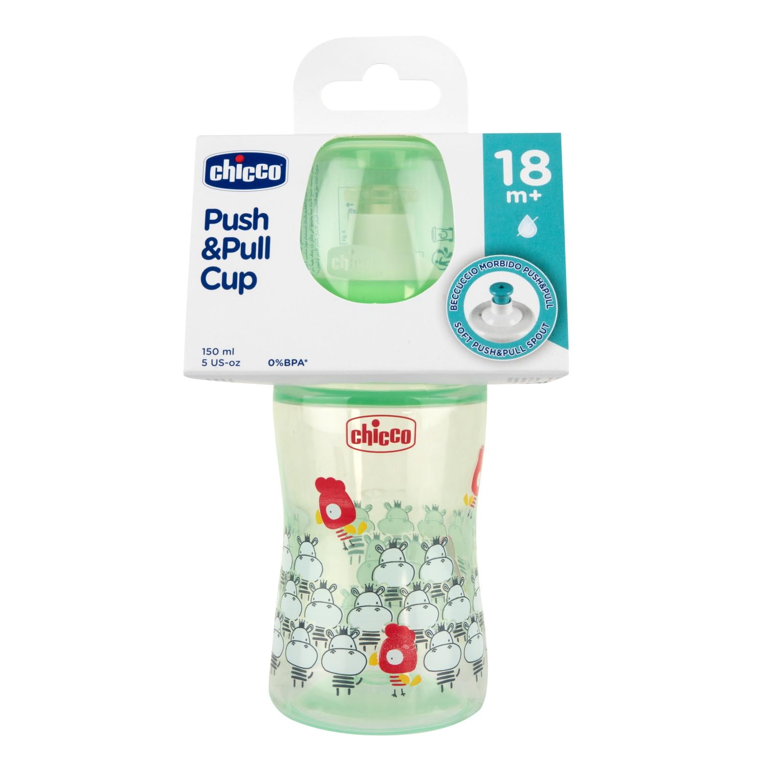 Chicco Tazza Antigoccia PUSH&PULL, Tazza Antigoccia per Bambini, Piccola e Compatta, Con Coperchio in Plastica, Verde, 18 Mesi+