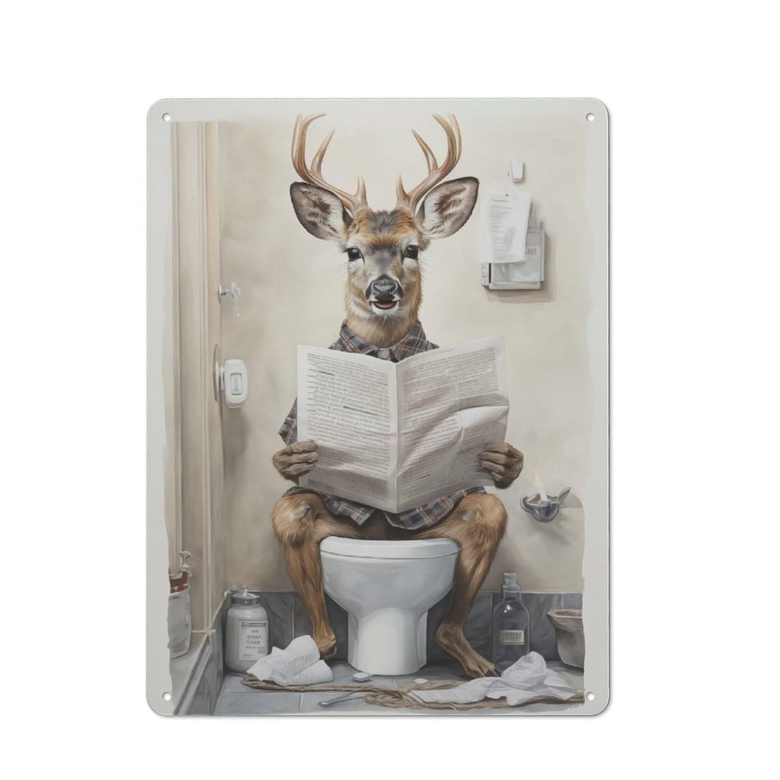 Tin Sign 40x30cm with Deer Newspaper Toilet for Garage Wall, Rustic Decor, for Living Room, Hallway And Entrance Wall Decor