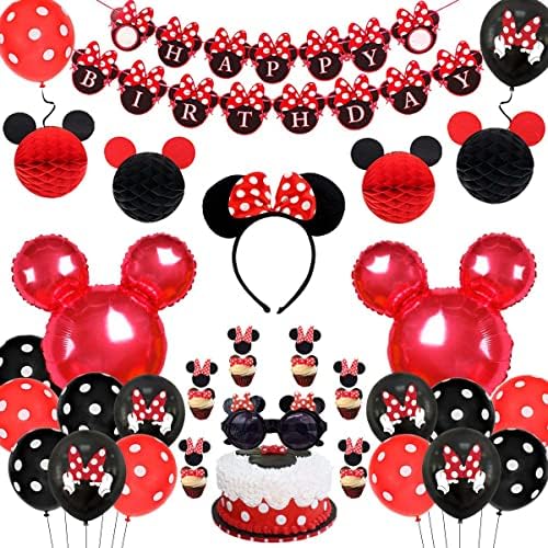 Cartoon Mouse Birthday Party Decorations, Red Black Happy Birthday Banner Headband Honeycomb Balls Glasses for Girls 1st 2nd 3rd Birthday